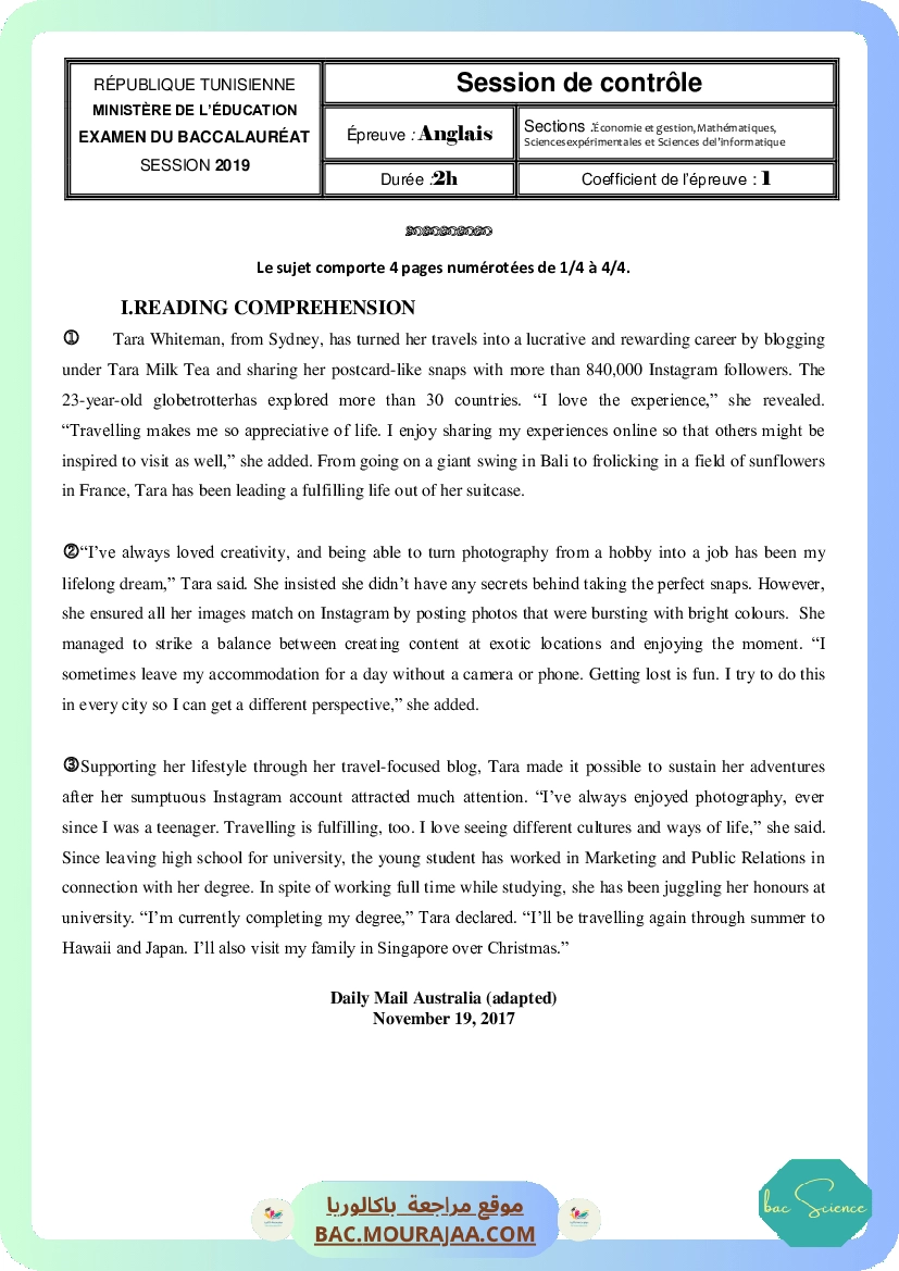 Corrigé controle anglais Bac 2019 – Section science